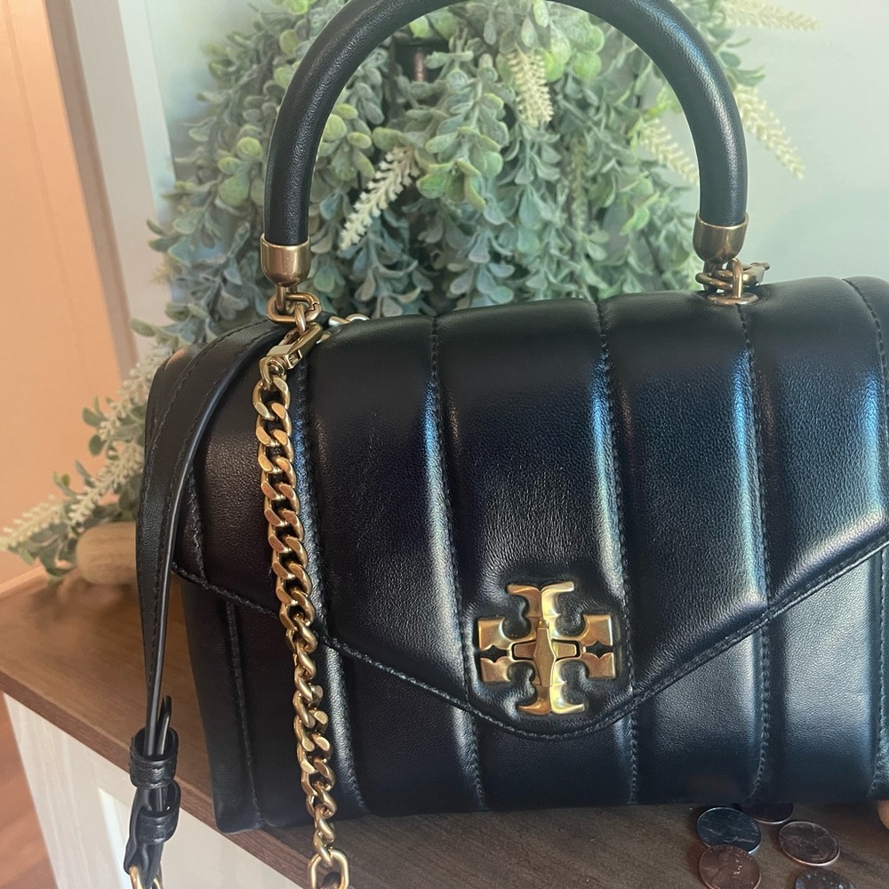 Tory Burch Black Leather Shoulder Bag with Gold Accents